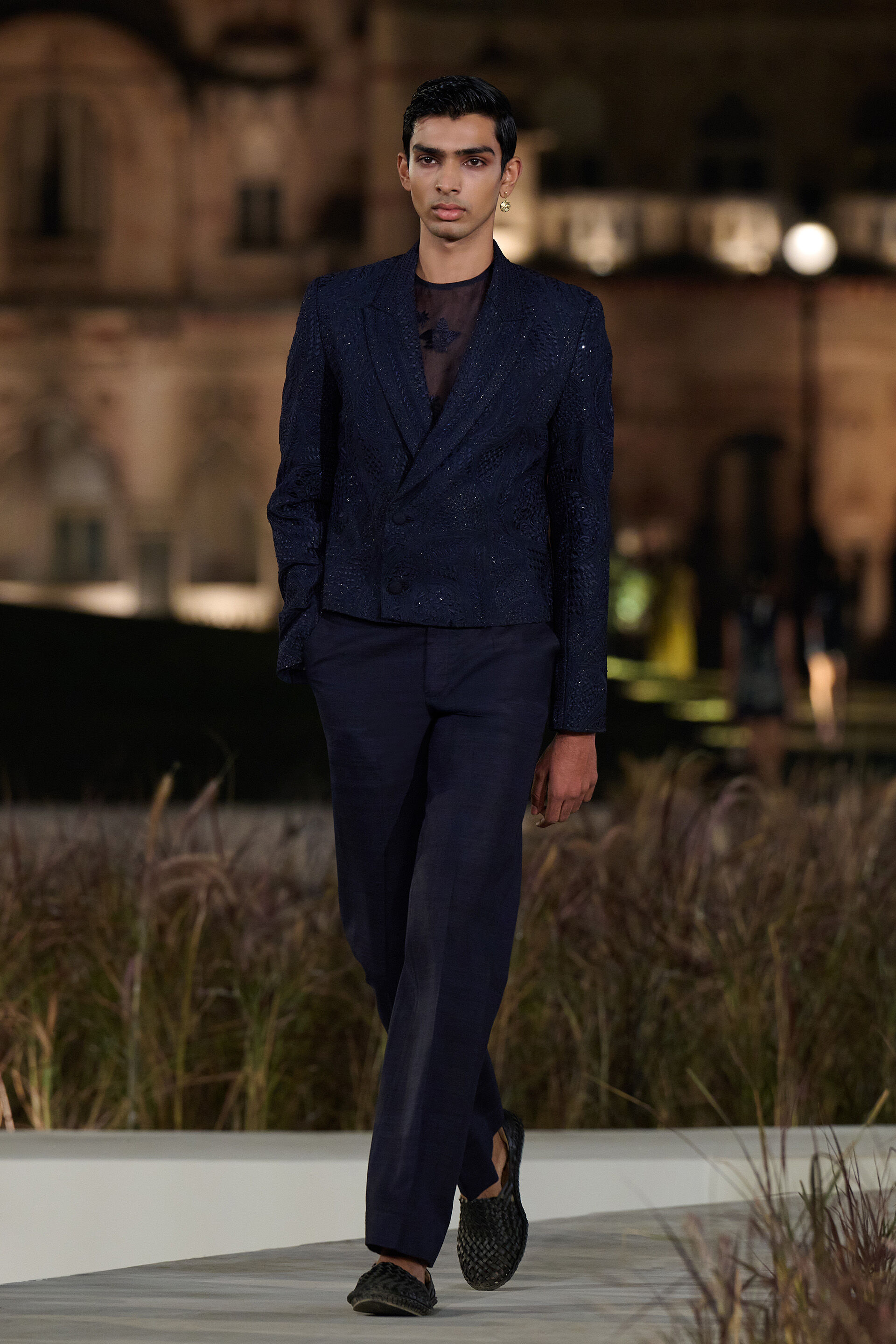 Nisham Embroidered Silk Jacket Set - Navy Blue